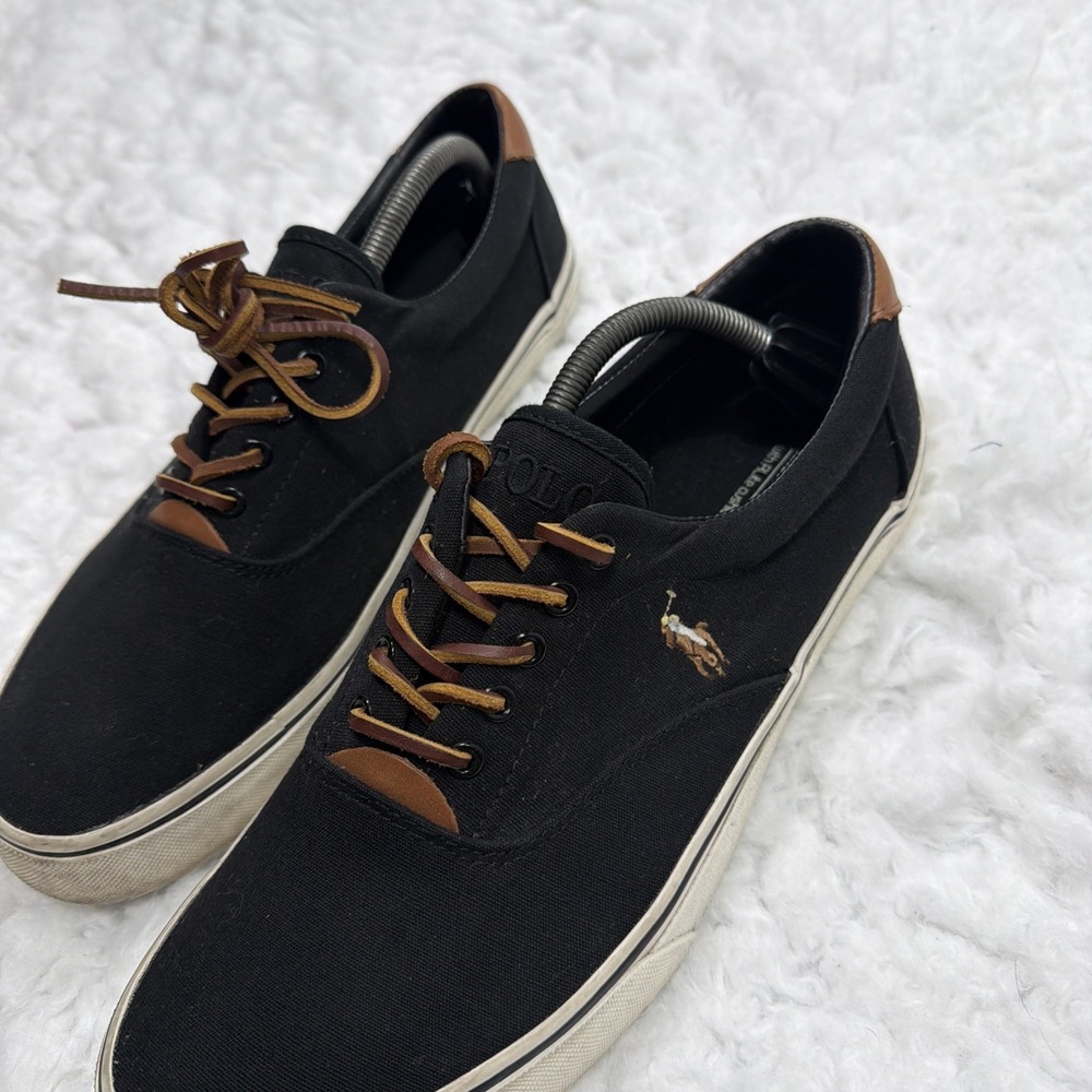 POLO RALPH LAUREN Thornton Canvas Boat Shoes Deck Leather Laces Black Brown 11.5